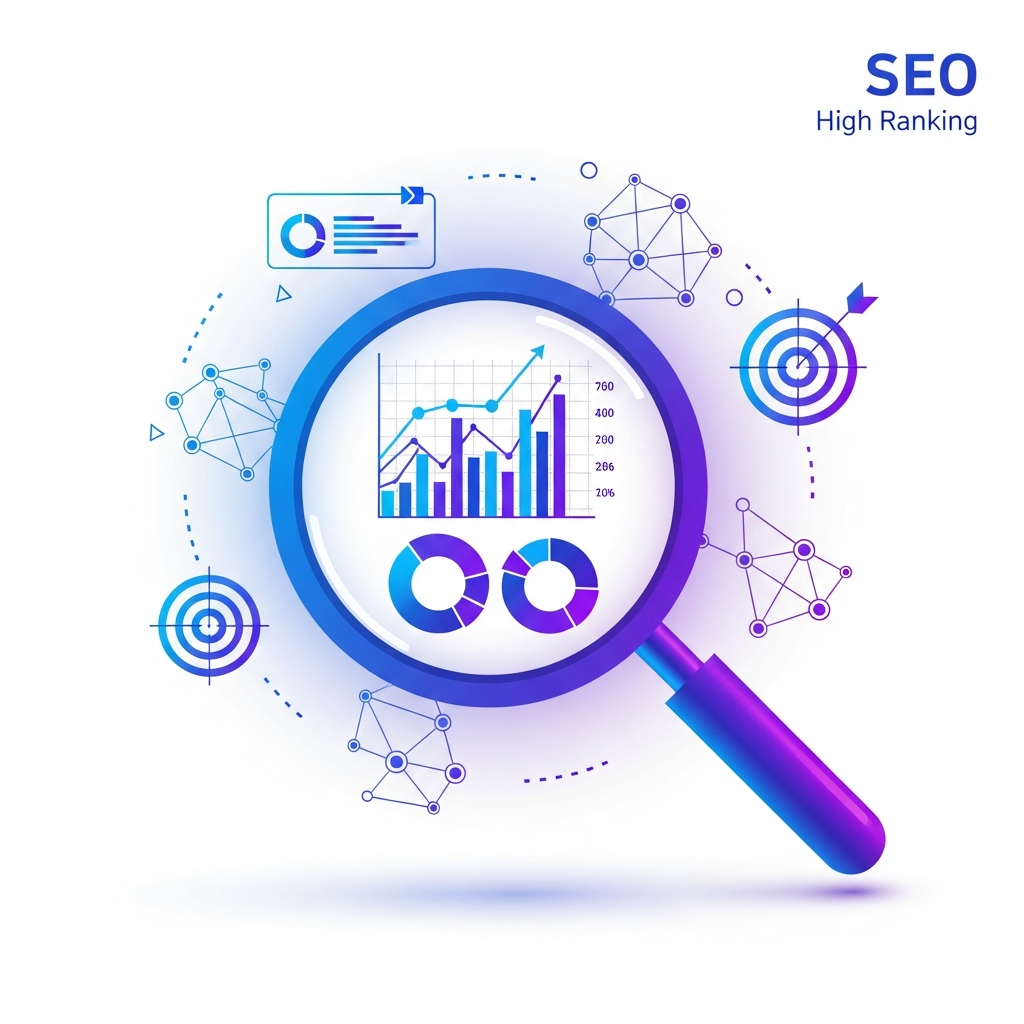 A modern digital infographic illustration with a stylized, blue-to-purple gradient magnifying glass at the center. Inside the glass is an analytical dashboard displaying an upward-trending line graph with values, bar charts, and two infinite-loop-like pie charts. The top-right corner features the text 'SEO High Ranking'. Surrounding the central element are bullseye target symbols with arrows and stylized neural-network-like node-and-line connections, all on a clean white background with a modern, clean digital art style and subtle shadows.